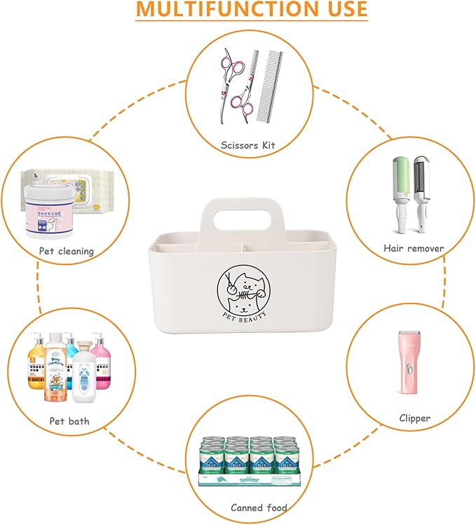 Minimalist White Dog Cat Grooming Supplies Organizer, Portable Caddy with 5 Compartments