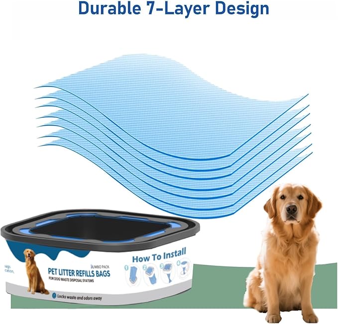 4 Pack Jumbo Square Refills Disposal Bags Refill Compatible with Pet Dogs Genie Dog Waste Disposal System Pails, Ultimate Odor Control Dog Poop Bags