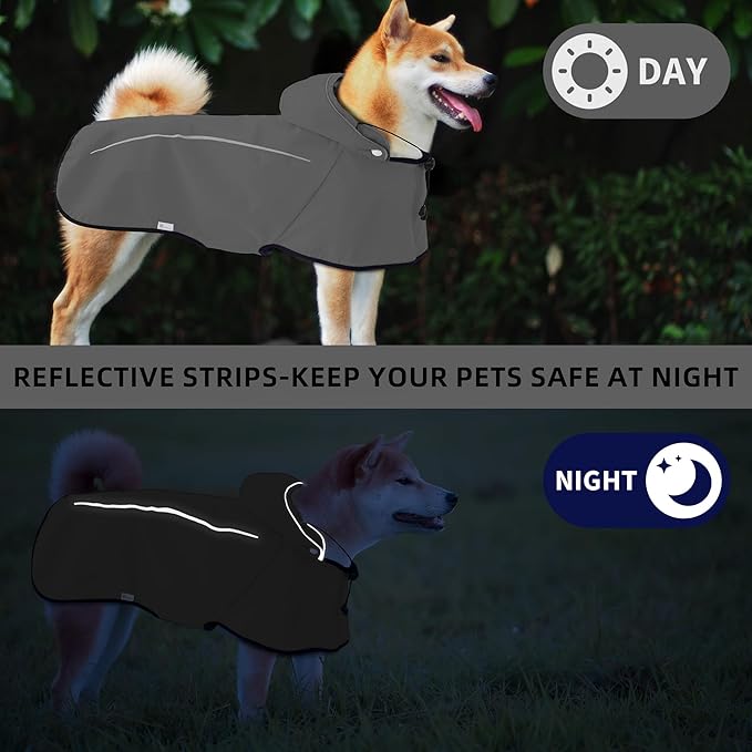Mile High Life Dog Raincoat, Adjustable Waterproof Pet Rain Jacket, Reflective Hooded Poncho for Small Medium Large Dogs, Lightweight Breathable Pet Rain Coat (Dark Gray,XL Chest 31"-37")