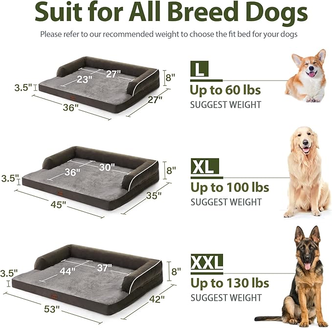 Orthopedic Dog Beds for Extra Large Dogs, Waterproof Egg Crate Foam XL Dog Bed with Sides 45 * 35Inch, Big Dogs Couch Beds with Removable Washable Cover and Nonskid Bottom, Dark Green