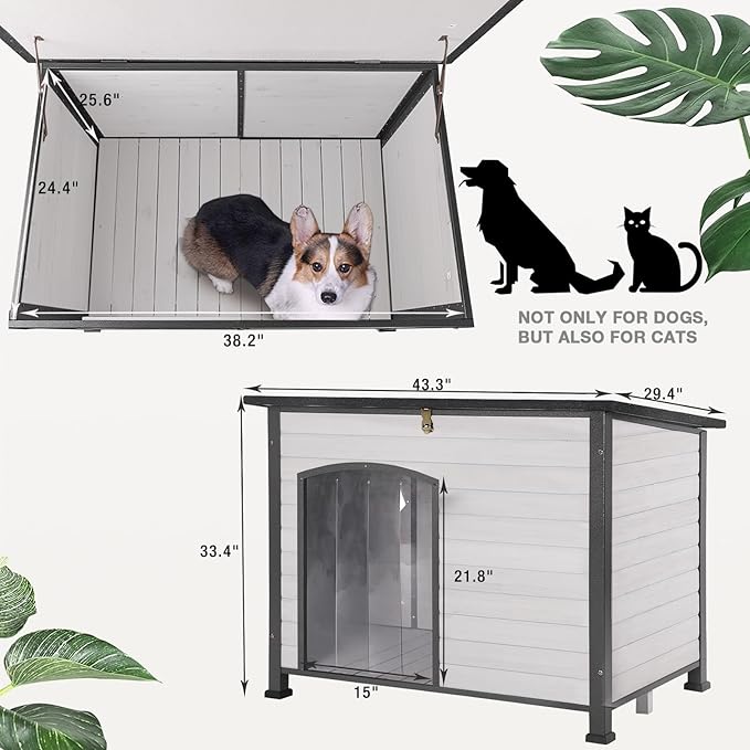 Dog House Outdoor Dog House for Small Medium Large Dogs, Natural Wood with Iron Frame, Waterproof Roof Raised Feet (43.3" L-White)