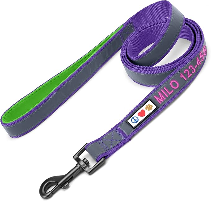 Pawtitas Personalized Dog Leash - Embroidered Custom Name & Phone Number, Reflective, 6 ft Long, Small, Purple Custom Tag