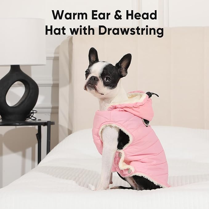 Fleece Lining Dog Hoodie with Harness Built in,Extra Warm Small Dog Jacket in Winter Puppy Coats with Drawstring Hooded,Light Pink S
