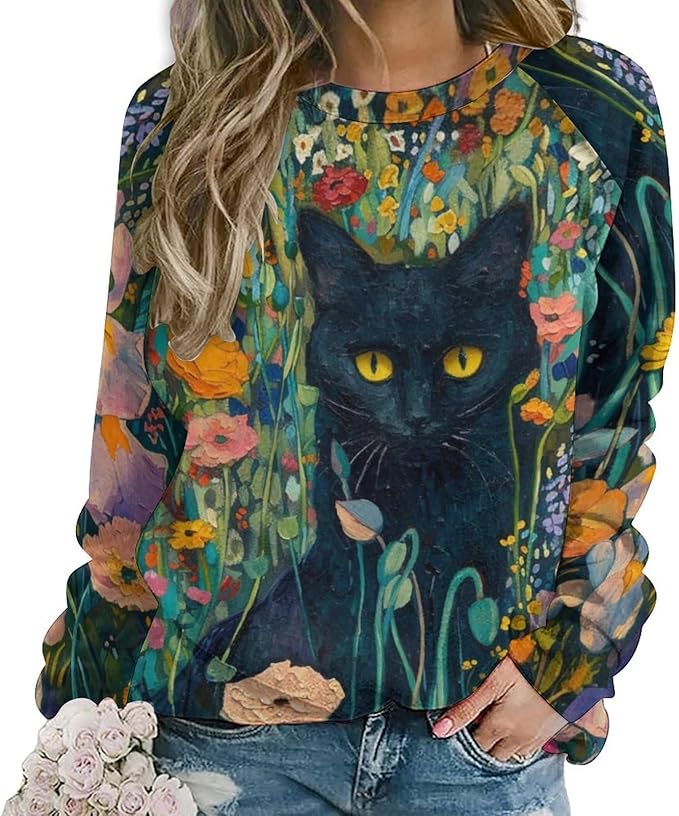 Long Sleeve Shirts for Women Cat Oil Painting Shirt 3D Graphic Sweatshirts Fall Pullover Crewneck Vintage Boho Tops