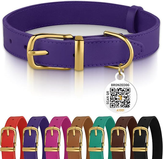 BRONZEDOG Leather Dog Collar with Metal Buckle Durable Basic Pet Collars for Small Medium Large Dogs (19-21 Inch (Pack of 1), Purple & Gold Buckle)