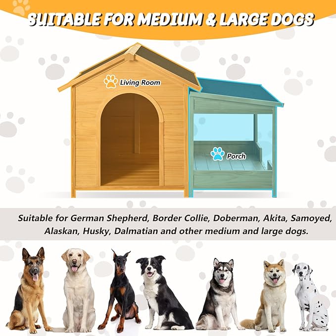 Merax 60.2" Wooden Dog House Outdoor, Extra Large Breed Outside Kennel with Weatherproof, Asphalt Roof, Elevated Floor, Fencing and Porch, for Medium & Large Dogs