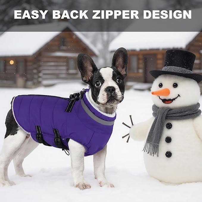 Large Dog Coat with Harness Built-in, Waterproof Reflective Fleece Lined - Warm Windproof Winter Jacket with Back Zipper, Cold Weather Snow Dog Coats - Purple - 3XL