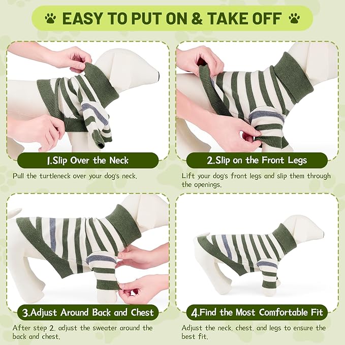 Small Dog Sweater, Knitted Striped Pullover Dog Clothes for Cold Weather, Thick Warm Cozy Stretchy Sweater for Chihuahua, Bulldog, Dachshund, Pug(Green & White Strip, L)