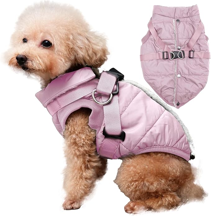 Dog Jacket with Harness,Fleece Lined Warm Puppy Coat for Winter,Soft Windproof Large Dog Vest,Light Pink XXL