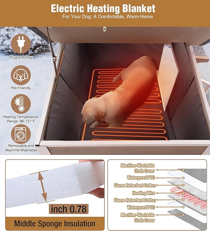 GUTINNEEN Heated Dog House Outdoor with Electric Heating Pad, Insulated Wooden Dog Kennel with 360° Rotating Feeding Bowl, Anti-Chewing Metal Frame, Brown