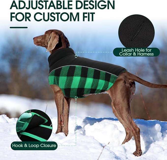 Kuoser Dog Winter Coat, Reversible Waterproof Dog Jacket with Reflective Strip, Warm Dogs Fleece Vest Adjustable Doggy Cold Weather Clothes Plaid Christmas Outfit Pet Apparel for Small Dogs, Green S