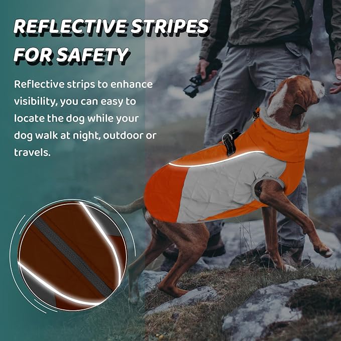 AOFITEE Dog Winter Coat, Dog Coat for Large Dogs, Reflective Large Dogs Jacket with Harness Built in and Fleece Lined, Waterproof Pet Winter Jacket Warm Snowsuit for Cold Weather, Orange XXL