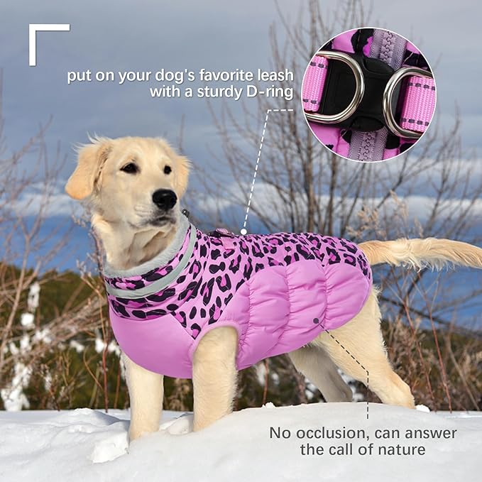 FUAMEY Dog Coat for Large Dogs,Waterproof Dog Winter Jacket with Harness Built in Puppy Cold Weather Coats Reflective Pet Vest with Zipper Warm Fleece Dogs Snowsuit Windproof Pink Leopard XXXL
