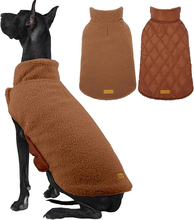 Kuoser Reversible Dog Coat – Warm Fleece & Quilted Waterproof Dog Jacket, Double-Sided Cold Weather Dogs Winter Coat with Harness Hole, Windproof Pet Snow Vest for Small Medium Large Dogs, Brown 2XL