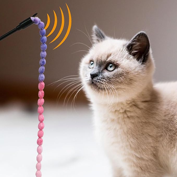 Interactive Cat Toys, 3 Pcs Cat Wand Toys for Indoor Kitten with Colorful Bead Shape Hemp Rope and Small Bell, Kitty Teaser String Toy for Indoor Cats to Chase and Exercise