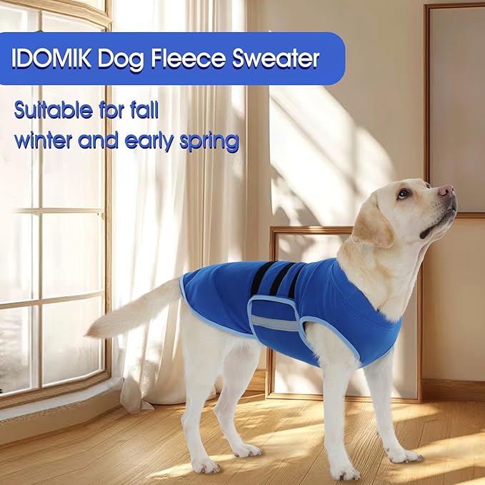 IDOMIK Warm Fleece Dog Sweater for Large Dogs,Soft Winter Dog Fleece Jacket Coat for Fall Cold Weather,Adjustable Fleeced Vest with Reflective Strips,Pullover Pet Sweatshirt for Girl Boy Dogs,Blue,L
