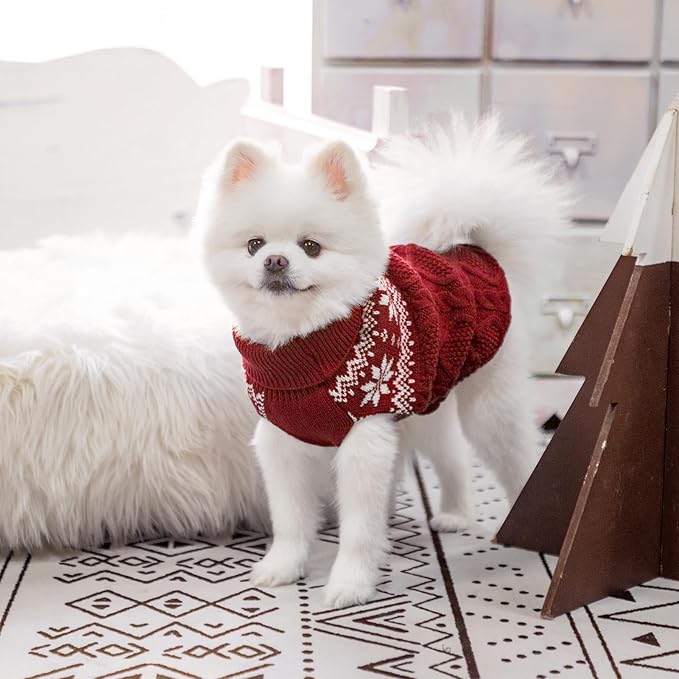 Warm Winter Pink Dog Sweater - Cold Weather Pet Clothes for Small Medium Large Dogs Indoor Outdoor, Soft Classic Knit Puppy Apparel Coat, Dark Red, SM