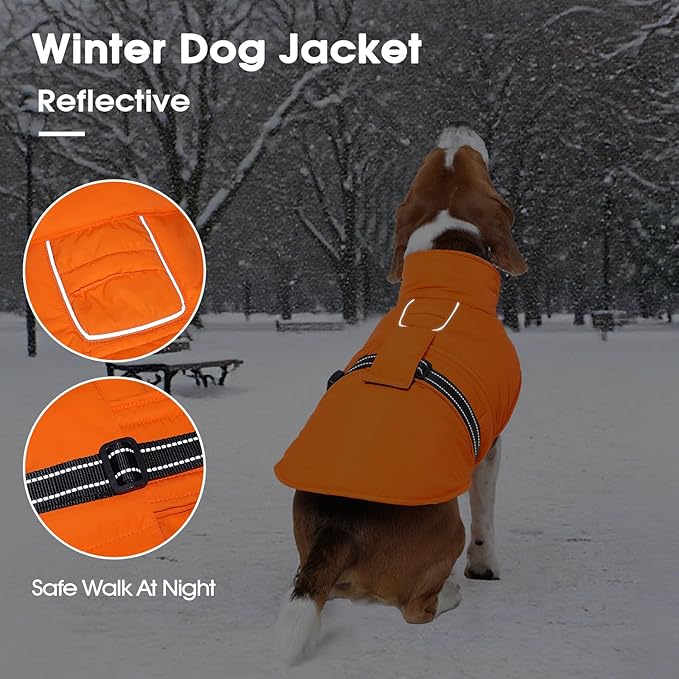 IECOii Waterproof Dog Jacket - Reflective, Adjustable & Windproof & Fleece Lined, Waterproof Snow Coat Quick Release Buckles for Bulldog, Pitbull Running, Orange, Size XL