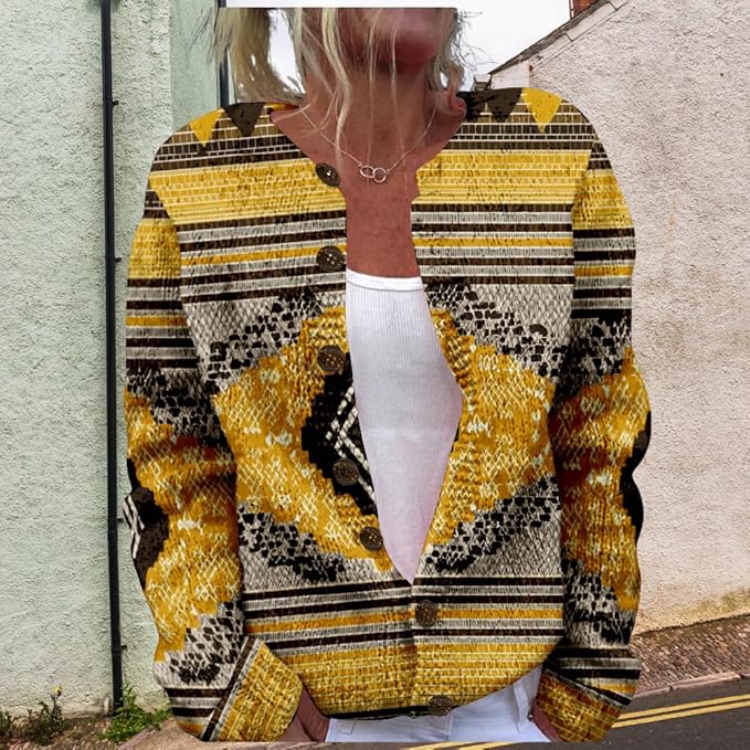 HOTYD Aztec Print Cardigans Sweaters for Women Crewneck Graphic Button Cardigan Casual Chunky Knit Sweater Fall Outfits
