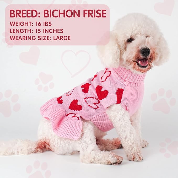 cyeollo Valentines Day Dog Sweater Dress Dog Clothes Pullover Turtleneck with Leash Hole Heart Pattern Holiday Theme Female Pet Apparel for Small Dogs