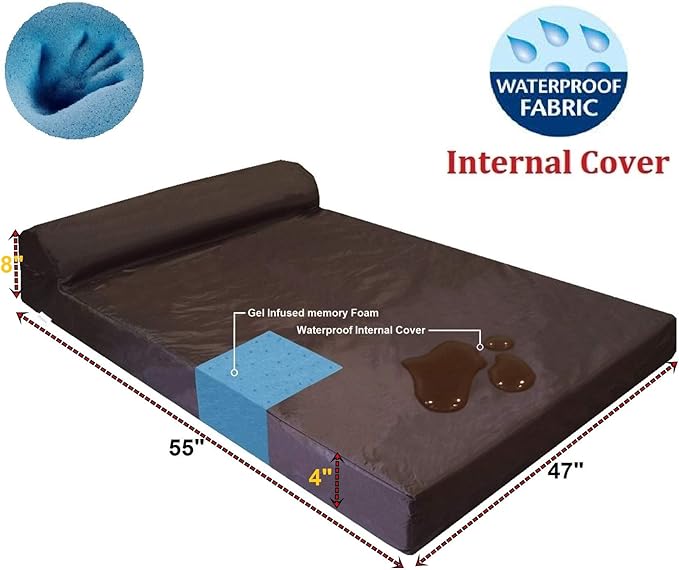 Dogbed4less Premium Jumbo HeadRest Orthopedic Cool Memory Foam Dog Bed for Large and Extra Large Dogs, Waterproof Liner with Durable Denim Cover, 55X47X4