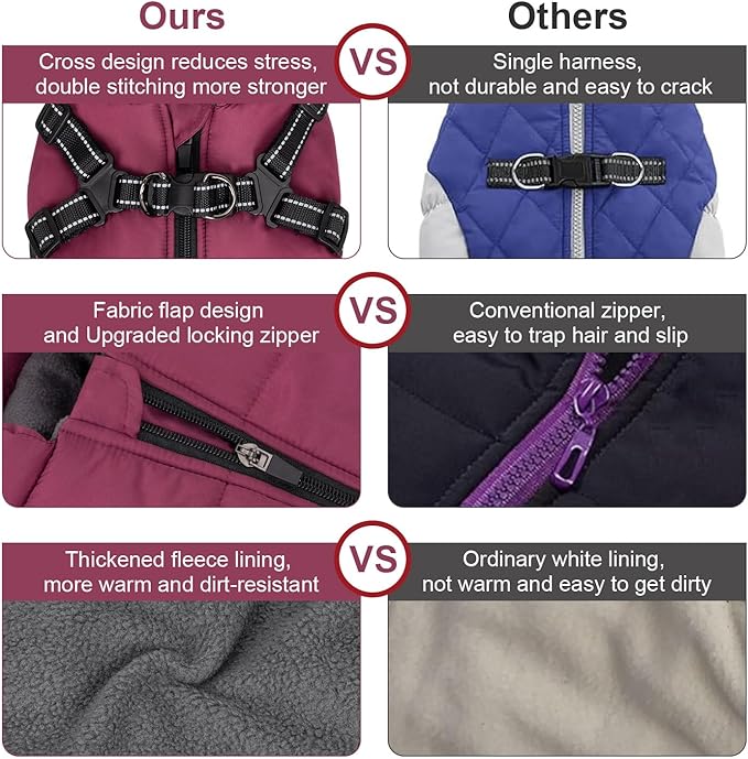 Dog Winter Coat, Warm Jacket Reflective Adjustable Fleece Vest with Harness, Waterproof Windproof Snow Jacket for Small Medium Dogs, Purple XS