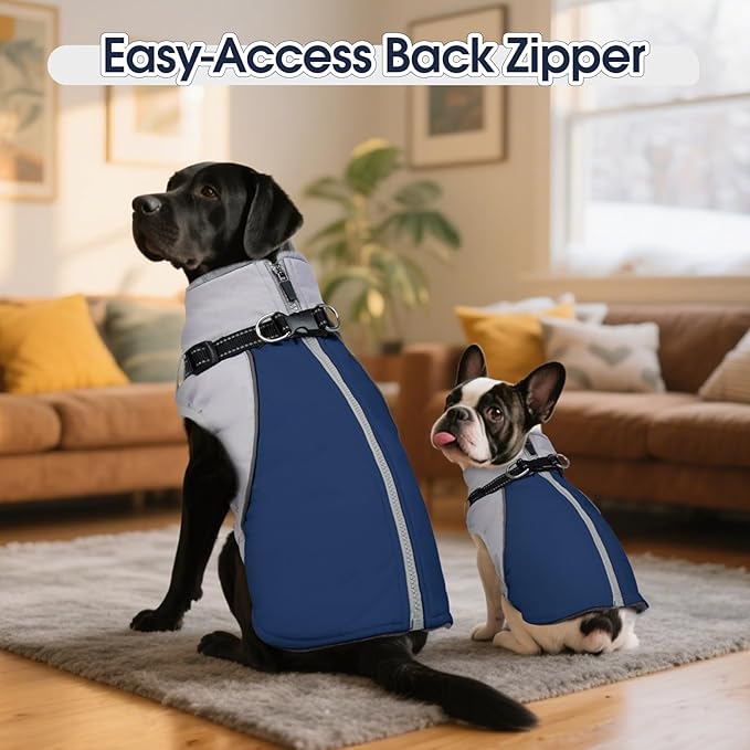 DENTRUN Dog Coat with Harness Built in, Easy On/Off Zipper Closure Winter Dog Vest, Water-Repellent Fleece Lined Warm Jacket with Reflective for Small Dogs, Dark Blue, XS