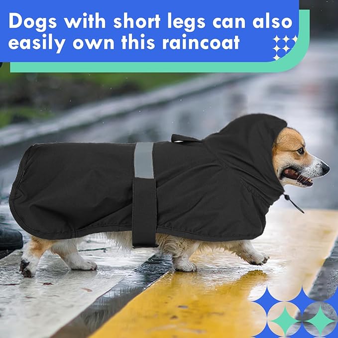 MIGOHI Dog Raincoat, Adjustable Large Dog Raincoat | Easy-On Hook & Loop Belly Straps, Adjustable Hind Leg Straps Dogs Rain Jacket, Machine Washable, Black, L