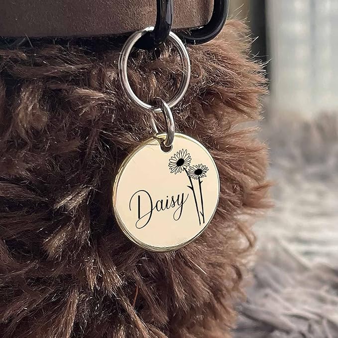 Cats Dogs ID Tags Personalized Engraving Birth Flowers Pattern for Custom Pets Collar Accessories Matt Stainless Steel Extra Small Round Name Plate