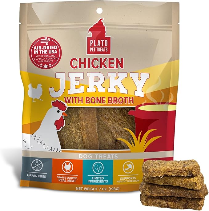 PLATO Pet Treats Jerky Dog Treats - Air-Dried Jerky for Dogs - Delicious, Real Meat Dog Treats - Grain Free - Supports Healthy Digestion - Chicken Jerky with Bone Broth 7oz