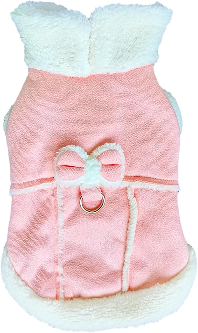 Jecikelon Bowtie Dog Cold Weather Coat Fleece Lining Warm Pet Puppy Turtleneck Dogs Winter Coats for Small Dogs Jacket with D-Ring Leash (Large, Pink)