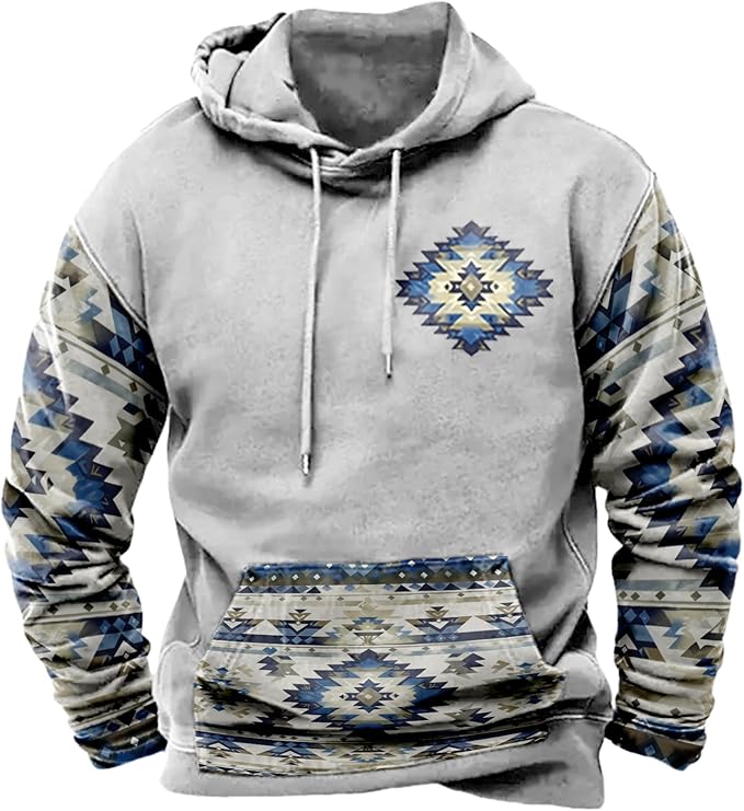 HOTYD Mens Western Aztec Sweatshirts Long Sleeve Fall Fashion Drawstring Pullover Vintage Graphic Cowboy Hoodie for Men