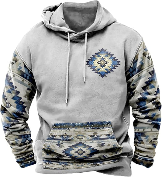 HOTYD Mens Western Aztec Sweatshirts Long Sleeve Fall Fashion Drawstring Pullover Vintage Graphic Cowboy Hoodie for Men