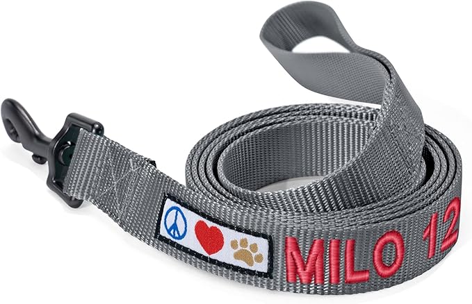 Pawtitas Personalized Dog Leash - Embroidered Custom Leash with Pet Name & Phone Number, 6 ft Long, Grey, Extra Small