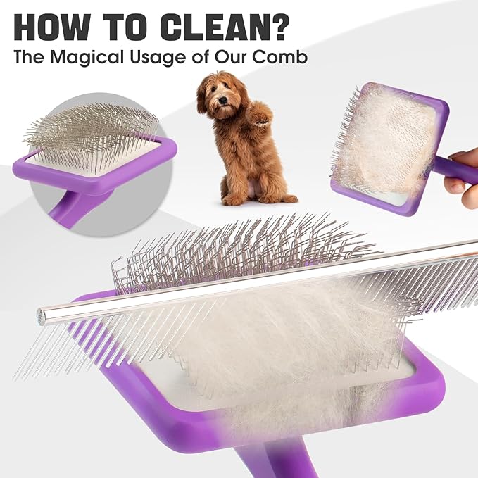 Dog Slicker Brush for Dogs Grooming Kit 4PCS | Large Dog Brush for Goldendoodles Poodles Doodles | Long Pin Haired Brush | Poodle Brushes and Comb (Purple)