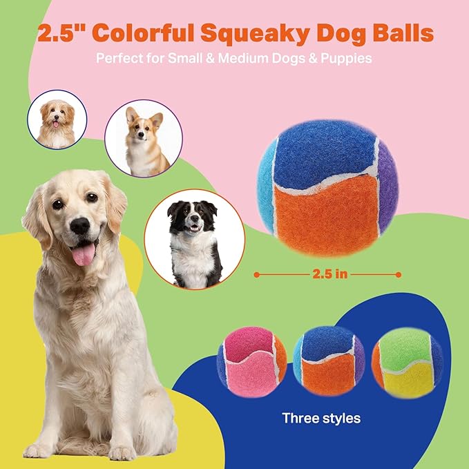 AMA SPORT Squeaky Balls for Dogs 2.5" Small Medium Dog Tennis Balls for Throwing and Fetching Dog Toys for Training, Exercise, High Bouncing 12 Pack Multicolor