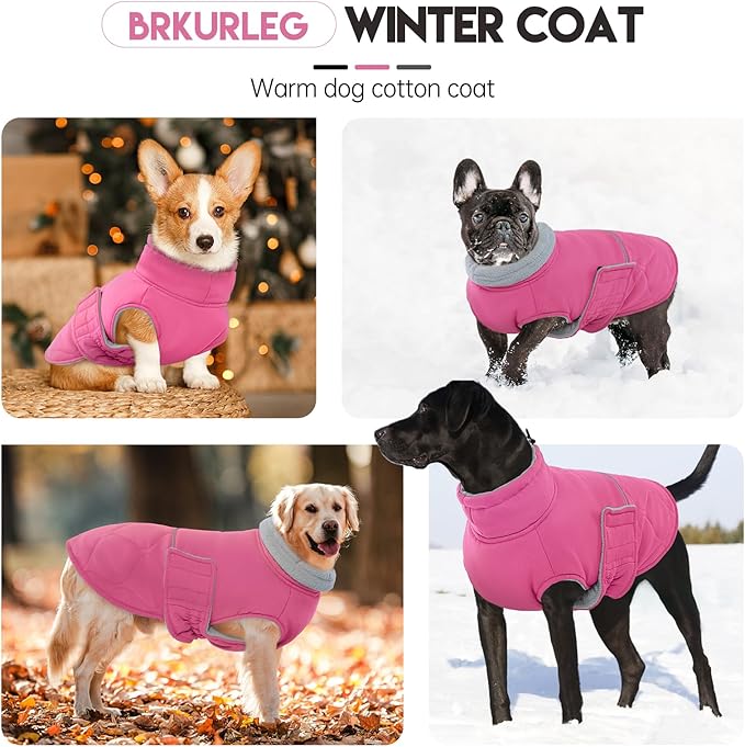 BRKURLEG Dog Winter Jacket, Warm Dog Winter Coats for Small and Medium Large Dogs, Reflective Adjustable Pet Cold Weather Coats, Waterproof Dogs Snow Jacket Clothes Fleece Vest (XXXL, Rose Red)