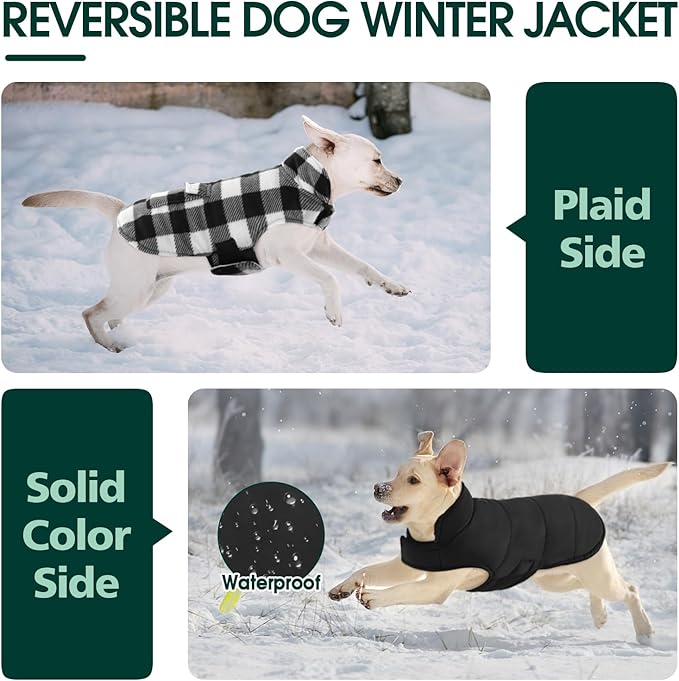 Kuoser Dog Winter Coat, Windproof Dog Fleece Jacket British Style Plaid Cold Weather Doggie Vest Coats, Reversible Cozy Warm Pet Clothes Apparel for Extra Large Size Dogs XXXL
