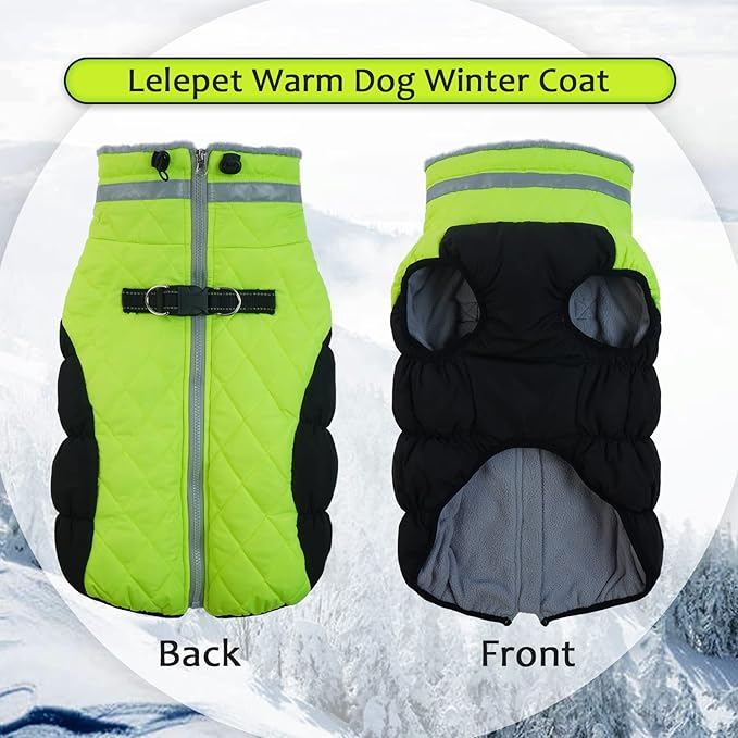 Lelepet Dog Coat Warm Dog Winter Coat Waterproof Dogs Jacket with Harness Built in Reflective Pet Fleece Vest Zip-Up Cold Weather Coats for Small Dogs Turtleneck & Windproof Coats Yorkie Lime S