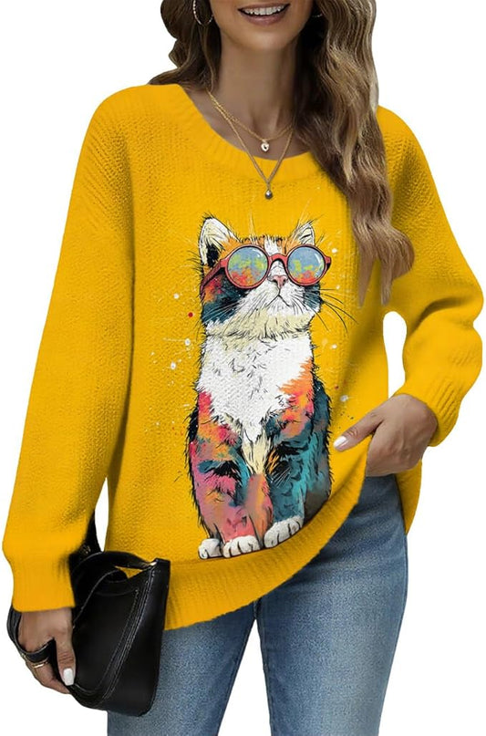 Women's Cat Printed Sweater Oversized Cable Knit Long Sleeve Christmas Clothes Casual Autumn Winter Fashion Tops