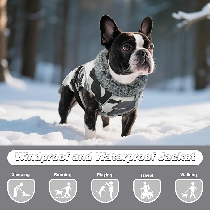 DENTRUN Large Dog Coat - Thick Fleece Lined Reflective Winter Jacket, Snap Closure & Leash Hole, Warm Thick Fleece Lined, Plush Turtleneck Vest for German Shepherd, White Camo, XXL