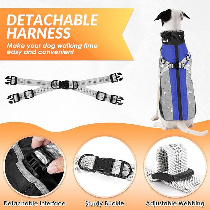 SlowTon Dog Jacket with Harness Built in - Waterproof Fleece Winter Warm Dog Coats for Small Medium Dogs, Reflective Adjustable Furry Puppy Vest Clothes for Outdoor Walking (Blue,S)