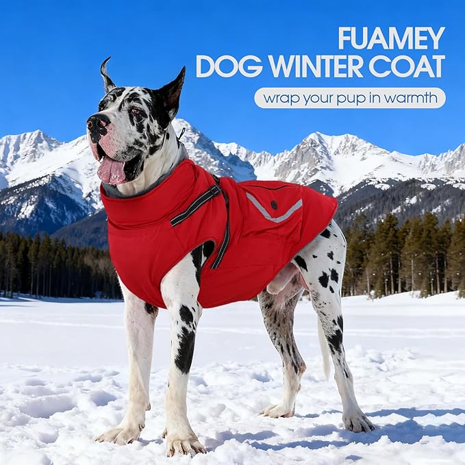 FUAMEY Dog Winter Coat with Harness, Insulated Jacket for Dogs Cold Weather Clothes, Back Zipper Doggie Cover for Snow Day, Pet Outfits with Pop Bag Pockets for Large Dogs, Boston Terrier (Red, L)