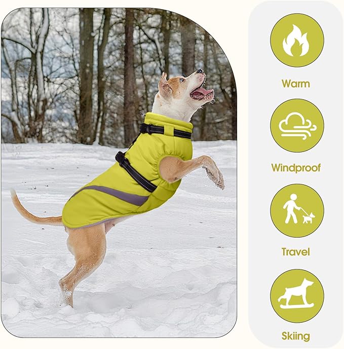 BRKURLEG Dog Winter Jackets for Small Dogs, Dog Coat with Harness Built in, Dogs Snowsuits with Zipper, Waterproof Windproof Pet Puffer Jacket Fleece Vest for Chihuahua, Yorkie, Green XS