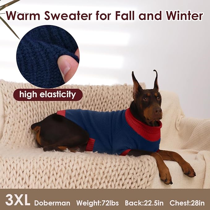 Dog Sweaters for Large Dogs XXXL, Warm Dog Sweater with Harness Hole, Christmas Pullover Sweaters for Dogs Boy Girl, Winter Turtleneck Pet Jumper for Doberman, Great Dane, NavyBlue 4XL