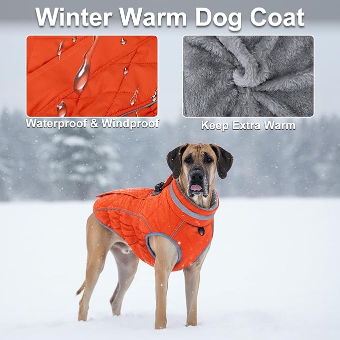 Dog Coat, Warm Dog Winter Coat for Medium Dogs, Waterproof Jacket with Harness Built in, Reflective Turtleneck Cold Weather Coats with Zipper,Pet Fleece Vest Snow Jacket, Orange M