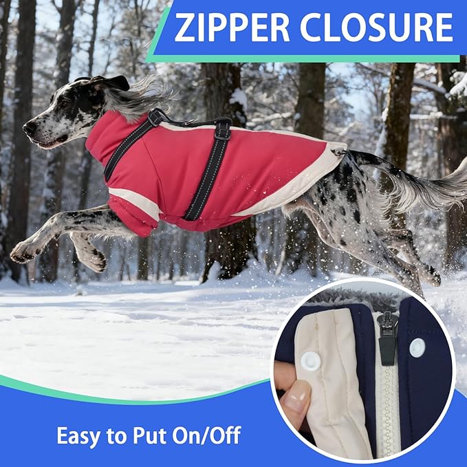 MIGOHI Dog Coat with Harness Built in, 2-in-1 Windproof Dog Winter Coat, Thermal Reflective Jacket with Back Zipper for Large Dogs Cold Weather, Labrador Retriever, Pink, 2XL