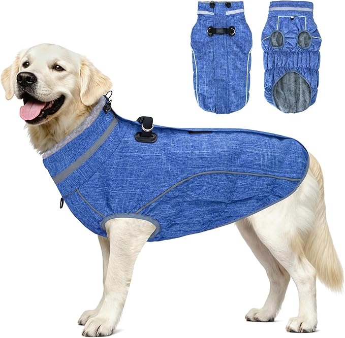 Malier Dog Coat, Reflective Dog Jacket Waterproof Windproof Puppy Cold Weather Coats with Harness Built in, Winter Extra Warm Pet Coat Fleece Vest for Small Large Pets and Puppy (Blue, Small)