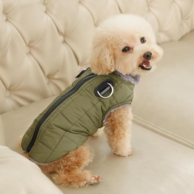 Warm Fleece Dog Coats with Durable Harness Buitl in D-Ring,Waterproof Doggie Jacket for Large Dogs,Dog Vest for Cold Winter,Green XXL