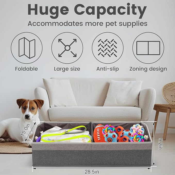 Large Dog Toy Basket With Handle, Foldable Dog Toy Box for Living Room Area, 28.5" Basket for Dog‘s Toys, Clothes, Organizers and Storage with Hard Board, Anti-slip for Pet Toys (Gray, Large)